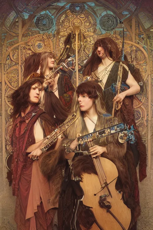 Prompt: portrait of a a band of male and female druids playing an electronic!!-musical-instruments, intricate, stunning, highly detailed, digital painting, artstation, concept art, smooth, sharp, focus, illustration, art by greg rutkowski and alphonse mucha