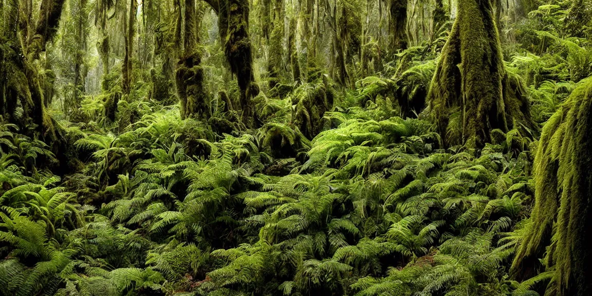 Image similar to New Zealand rainforest, tree ferns, Nothofagus, alpine herbs, lush waterfall, mossy trees. Indigenous plant species in the rainforests of New Zealand. Rugged, remote landscape in rural, forested New Zealand. Trending on Artstation, deviantart, worth1000. By Greg Rutkowski. National Geographic and iNaturalist HD photographs