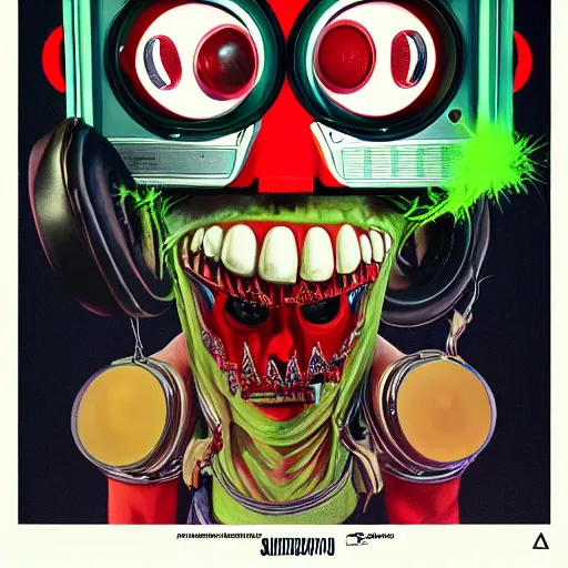 Image similar to a portrait of an anthropomorphic tennis ball monster by sandra chevrier, detailed render, tape deck, boombox, headphones, epic composition, cybernetics, 4 k realistic, cryengine, realistic shaded lighting, sharp focus, masterpiece, by matteo scalera, gary montalbano, peter elson in the style of the tokyo ghost comic