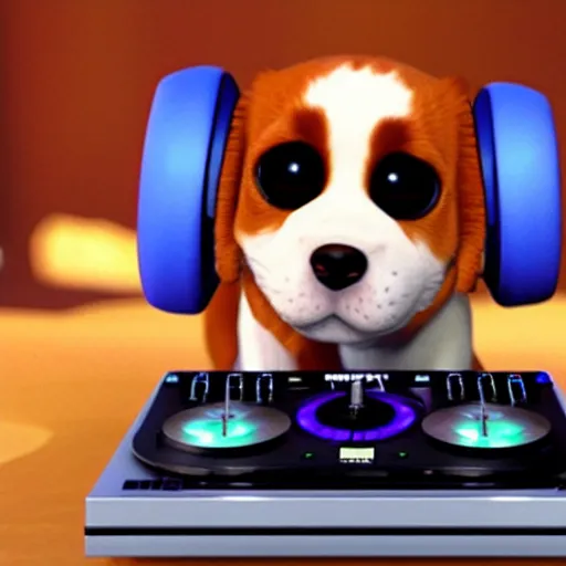 Image similar to puppy as a DJ, 8k, by Pixar