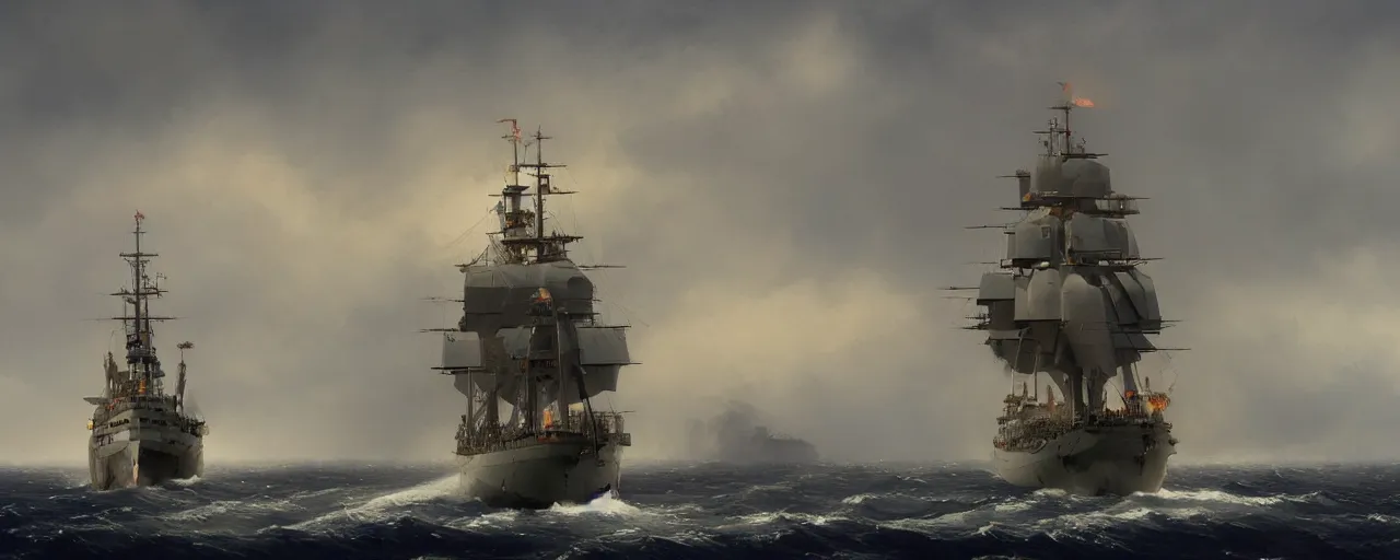 Image similar to modern battleship in style of aivazovsky, 4k, hyper realistic,