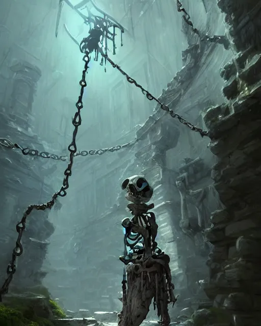 Image similar to a skeleton chained up in a corner of an old abandoned dungeon, very little moss, dark, ancient. Atmospheric lighting, By Makoto Shinkai, Stanley Artgerm Lau, WLOP, Rossdraws, James Jean, Andrei Riabovitchev, Marc Simonetti, krenz cushart, Sakimichan, D&D trending on ArtStation, digital art.