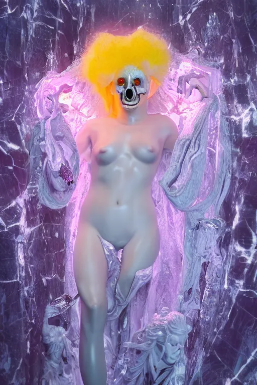 Image similar to photo of fullbody rococo and cyberpunk delicate neon crystalline sculpture of beautiful curvy onyx albino marble goddess as mint iridescent humanoid deity wearing pink plastic hooded cloak holding an onyx skull in a onyx space dungeon, reclining, glowing yellow face, crown of white diamonds, cinematic lighting, photorealistic, octane render 8 k depth of field 3 d