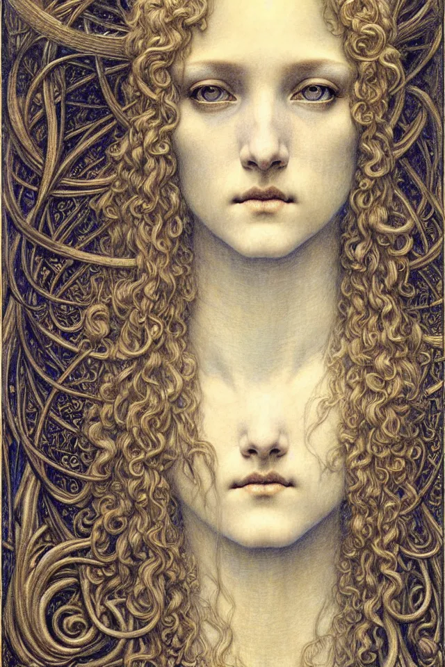 Image similar to detailed realistic beautiful young medieval queen face portrait by jean delville, gustave dore and marco mazzoni, art nouveau, symbolist, visionary, gothic, pre - raphaelite. horizontal symmetry