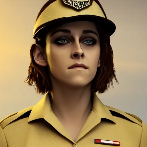 Prompt: Render of Kristen Stewart as Honor Harrington wearing an officer's uniform, cute 3d, long brown hair, brown eyes, soft smile, golden hour, aboard a starship, medium shot, mid-shot, trending on Artstation, Unreal Engine 4k