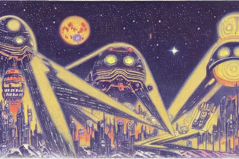 Image similar to a scifi illustration, Night City on Hoth by Louis Wain (1920)