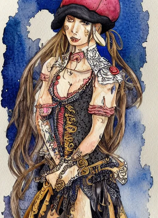 Prompt: intricately detailed watercolor of a female pirate wearing intricately designed clothes, featured on deviantart