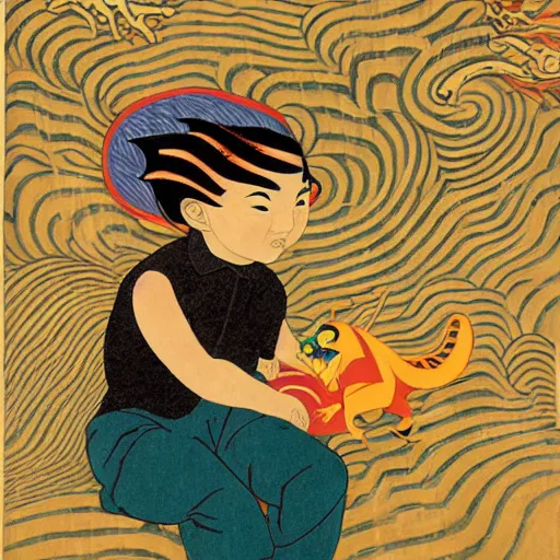 Prompt: ordered by yasuo kuniyoshi, by audrey kawasaki. a conceptual art of a young boy disguised as a dragon. the boy is shown wearing a costume with dragon - like features, including a long tail, wings, & horns. he has a large grin on his face, suggesting that he is enjoying his disguise.