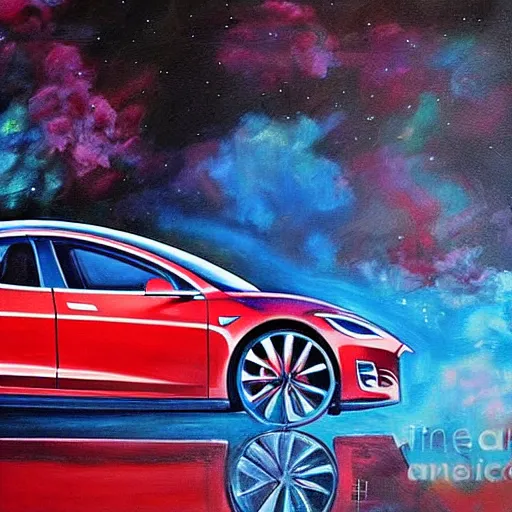 Image similar to a beautiful complex painting of a tesla on fire