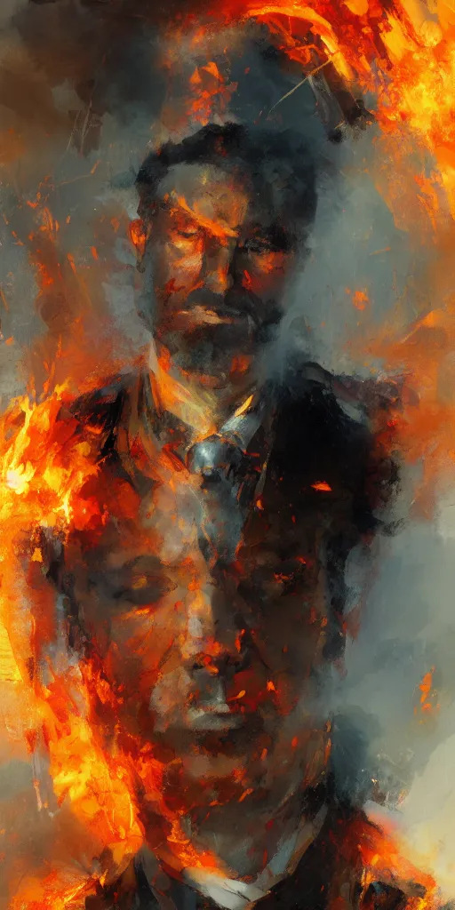 Image similar to abstrsct painting of man on fire, by craig mullins, featured on artstation. Portrait.