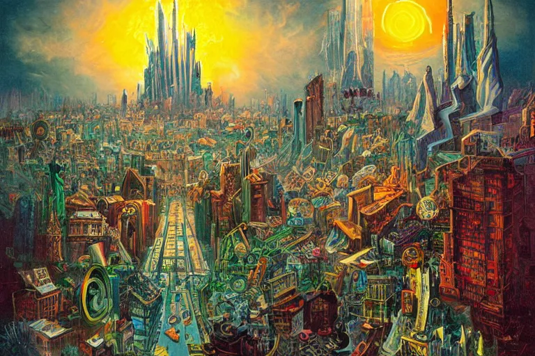 Image similar to miskatonic university big bang cityscape in the style of dr. seuss, illuminati, painting by albert bierstadt