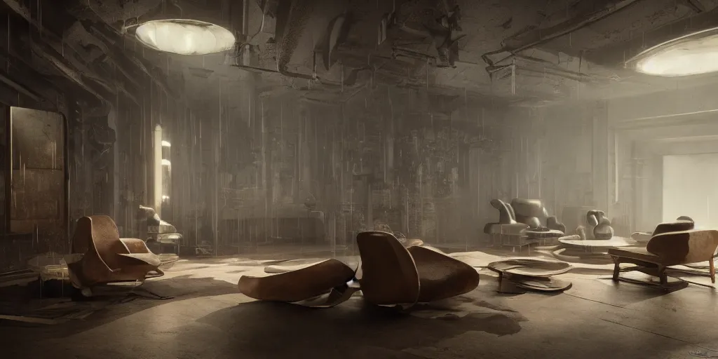 Image similar to furniture designs in the style of blade runner, 3d render, unreal engine, interior design, Les Edwards, Zdzislaw Beksinski, Carl Gustav Carus, John Harris, Michal Karcz, Zhang Kechun, Mikko Lagerstedt, Scott Listfield, Steven Outram, Jessica Rossier.