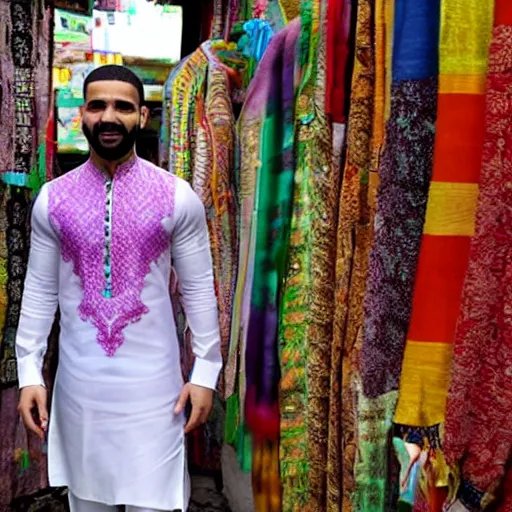Prompt: drake wearing a colorful silk kurta, mumbai marketplace scene