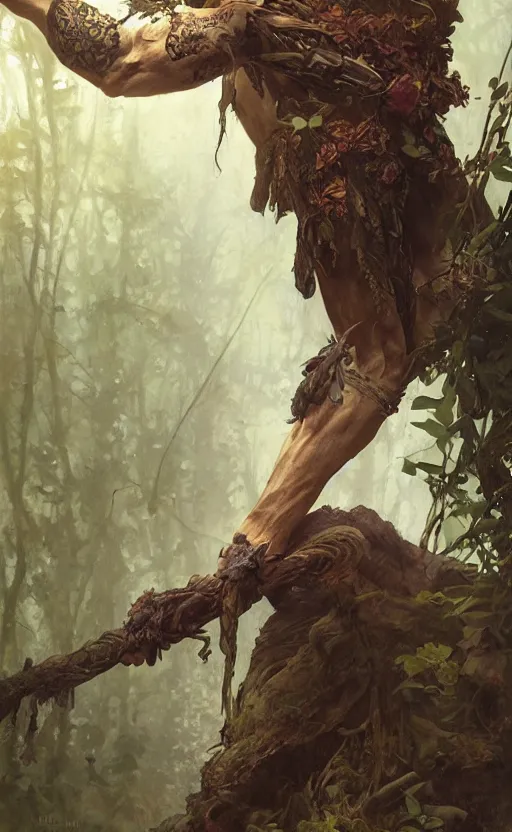 Image similar to god of the forest, rugged, handsome, male, detailed face, clean lines, atmospheric lighting, amazing, full body, thighs, flowers, muscular, intricate, highly detailed, digital painting, deviantart, concept art, sharp focus, illustration, art by greg rutkowski and alphonse mucha