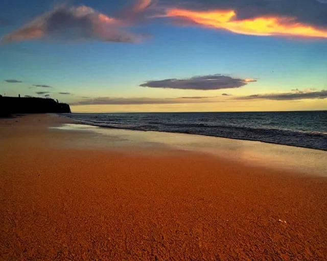 Image similar to low angle shot of empty beach, sunrise, cinematography by jim jarmusch