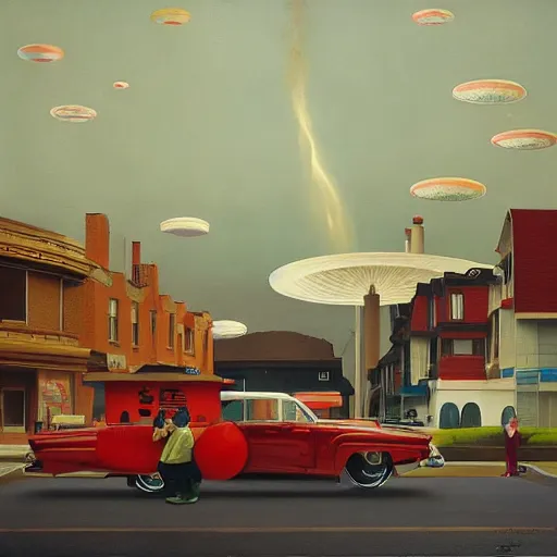 Image similar to Giant objects of amusement fly through the air, as a tornado approaches, by Takashi Murakami, Edward Hopper, Bo Bartlett, and Cynthia Sheppard, Artstation
