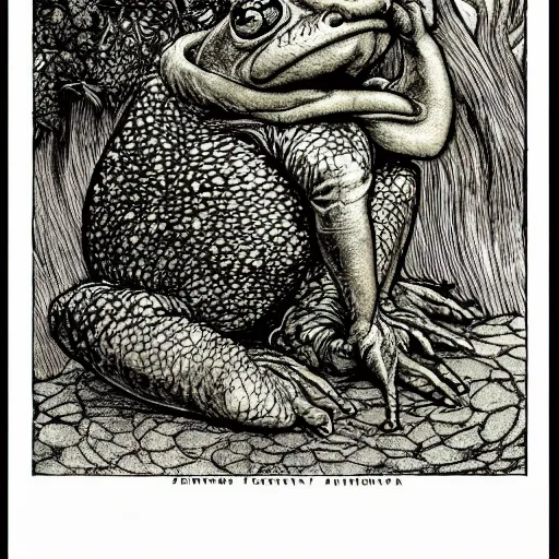 Image similar to toad philosopher toad in a pose The Thinker, swamp, illustrations by irish fairy tales james stephens arthur rackham, fairy tale illustrations, green ratio