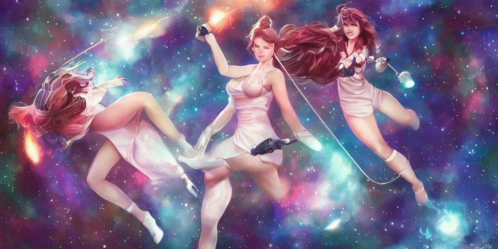 Prompt: girls swinging in the galaxy, art by artgerm