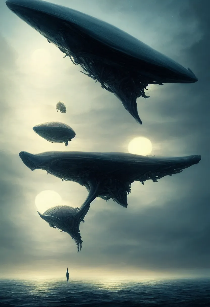 Image similar to strange alien sea creature flying up, autumn sunset, white background, ultra high definition, ultra detailed, symmetry, fog, matte painting, by greg rutkowski and ross tran and wlop