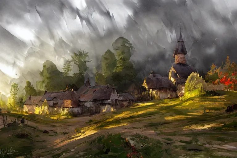 Image similar to paint brush strokes, abstract watercolor painting of rustic village fortress, pine trees, mysterious mythology, medieval straw roof, scandinavian viking age, fog, ambient lighting, art by hans dahl, by jesper ejsing, art by anders zorn, wonderful masterpiece by greg rutkowski, cinematic light, american romanticism by greg manchess, creation by tyler edlin