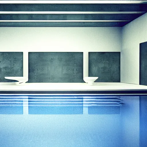 Prompt: dreamlike low quality photograph of an infinite indoor pools with white bathroom titles on the walls, dark lighting, liminal space, octane render, the backrooms, the poolrooms
