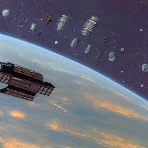 Image similar to distant view of abandoned beautiful space station floating in empty space, ron cobb, terran trade authority