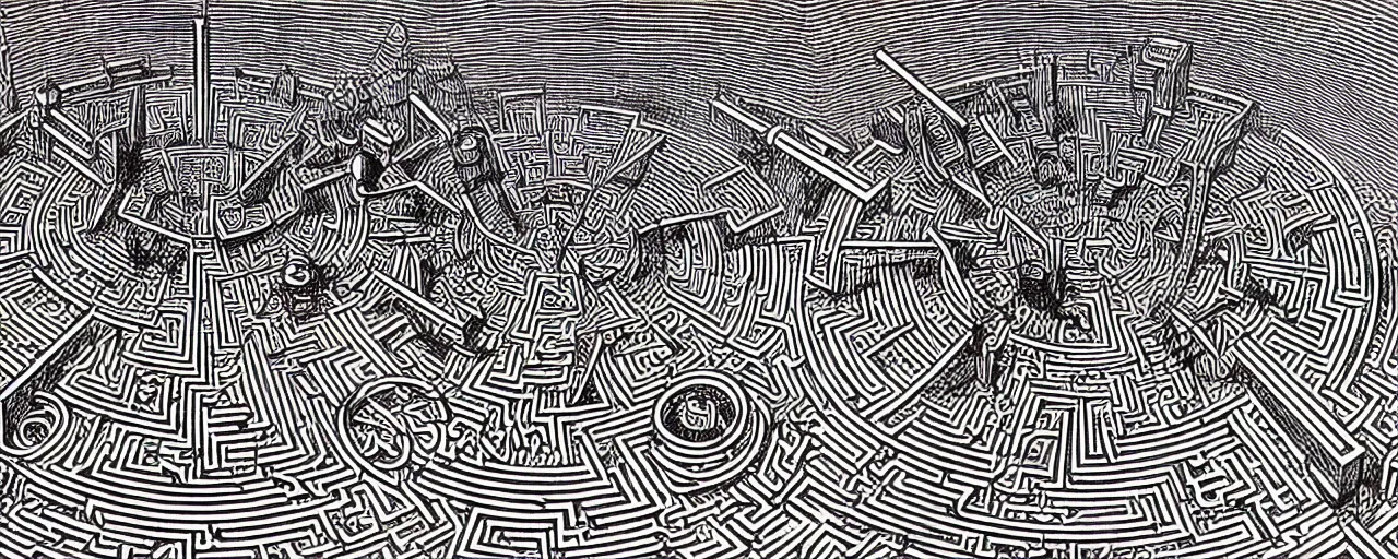 Image similar to isometric view of a highly detailed cnc mill woodcut of a hyperdimensional labyrinth maze with a steampunk minotaur in the center