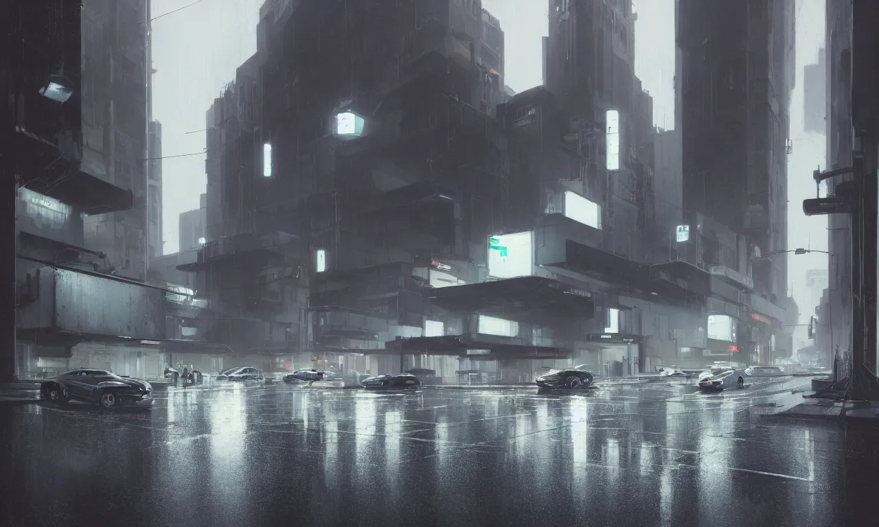 Image similar to high resolution photograph, streetscape, simple brutalist architecture, metal, concrete, wet streets, white neon lights, neon signs, flying cars, pedestrians, greg rutkowski, syd mead, ralph mcquarrie, concept art, matte painting, finely detailed, minimal artifacts, rule of thirds, dynamic lighting, cinematic, denoised, centered, artstation