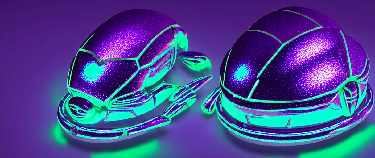 Image similar to high quality photo glowy iridescent cyborg scarab! jeweled very cute! highly detailed digital art david ligare peter zumthor cinematic purple neon lighting high quality low angle hd 8k sharp shallow depth of field