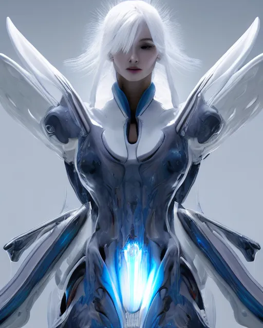 Prompt: perfect white haired alien being with huge white dove wings, warframe armor, beautiful, symmetric, dreamy, half asian, pretty face, blue eyes, detailed, scifi platform, laboratory, experiment, 4 k, ultra realistic, epic lighting, android body, illuminated, cinematic, masterpiece, art by akihito tsukushi, akihiko yoshida, voidstar