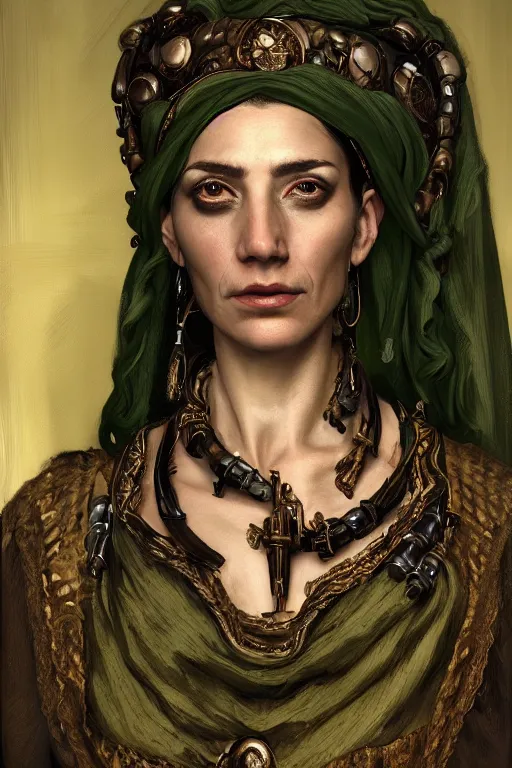 Prompt: portrait, headshot, digital painting, of a 17th century, beautiful, middle aged, middle eastern, wrinkles, decadent, cyborg merchant woman, dark hair, amber jewels, baroque, ornate dark green techwear clothing, scifi, futuristic, realistic, hyperdetailed, concept art, chiaroscuro, side lighting, art by waterhouse