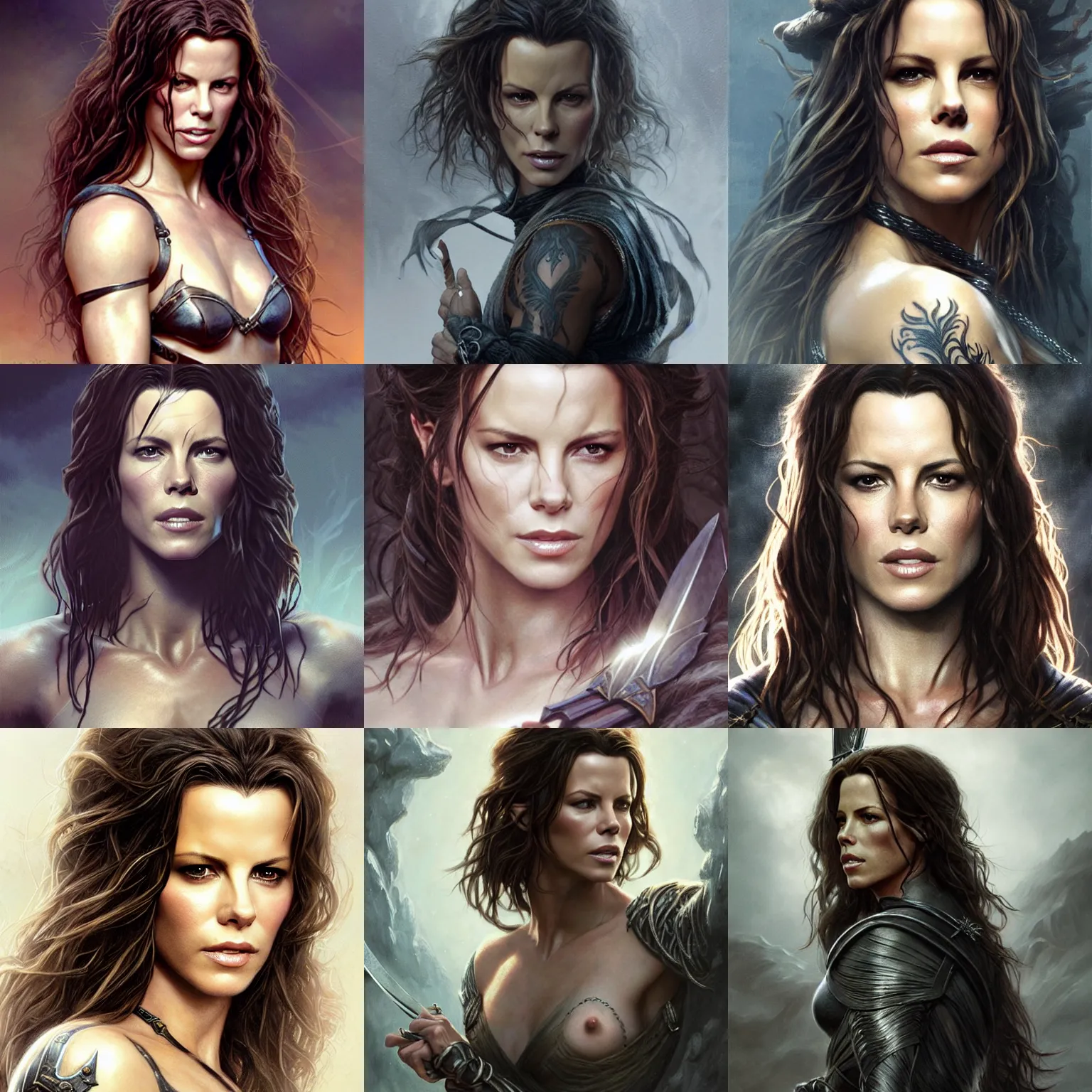 Prompt: kate beckinsale, legendary warrior, fighter, lord of the rings, tattoos, decorative ornaments, perfect face, detailed, expressive, digital painting, by brom and greg rutkowski