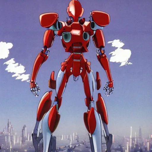 Image similar to 1 9 8 0 s anime screenshot of a sleek, slender, human - scale mecha suit defending the city streets, designed by hideaki anno, drawn by tsutomu nihei, and painted by zdzislaw beksinski