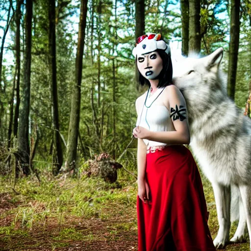 Image similar to Highly realistic photo of Princess Mononoke as a real person ((asian woman with red facepaint)) determined expression, standing next to a giant white wolf, in a forest, 85mm lens, f1.8, highly detailed