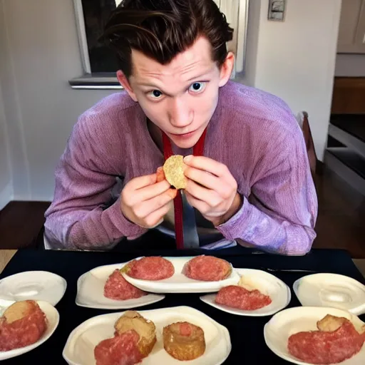 Image similar to Tom Holland eating spam musubi