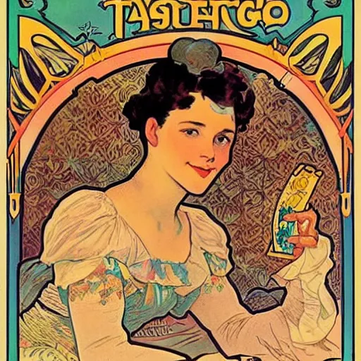 Image similar to a vintage poster with border of a Caucasian fortune teller lady with curly hair, a spread of tarot cards on a table, cats on her side, in a colorful tent, Alphonse Mucha poster ,