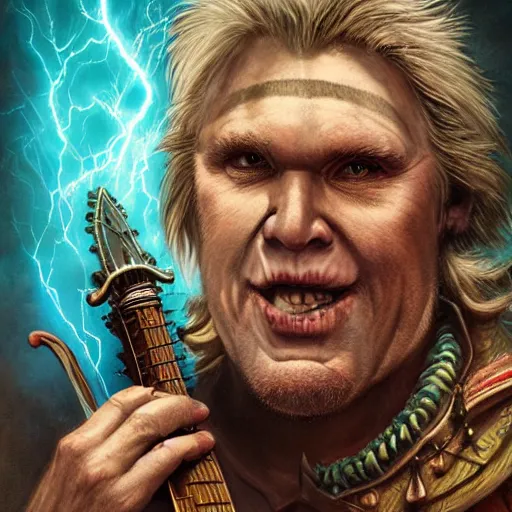 Image similar to detailed photo of a Half-orc bard portrayed by Gary Busey playing a lute, 8k,by Tristan Eaton, Stanley Artgermm, Tom Bagshaw, Greg Rutkowski, Carne Griffiths, trending on DeviantArt, face enhance, hyper detailed ,full of color, dramatic lightning, epic stance