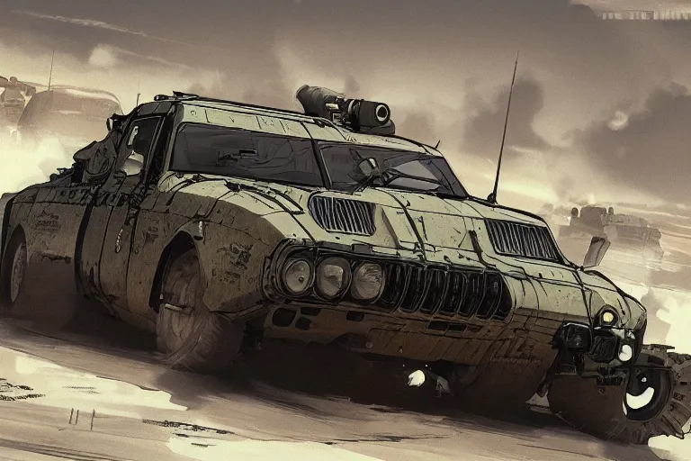 Image similar to dieselpunk digital illustration of mad max's bmw m 1 ( himars ) by makoto shinkai, ilya kuvshinov, lois van baarle, rossdraws, basquiat