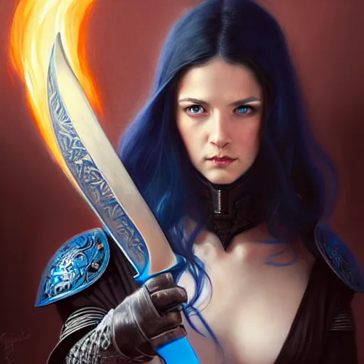 Image similar to portrait, woman dressed in plate armor with black hair and blue eyes wielding a greatsword, elegant, digital illustration, fire magic, detailed, intricate, sharp focus, digital painting, deep focus, digital painting, artstation, concept art, matte, art by artgerm and greg rutkowski and alphonse mucha