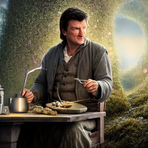 Image similar to A beautiful hyper realistic ultra detailed lifelike matte painting of Nathan Fillion as Gandalf the grey casting a fork spell in apiary, unreal engine, deviantart, flickr, artstation, octane render, textured, colorful, extreme realistic detail, physically based rendering, pbr render, very detailed, volumetric lighting, detailed lighting, octane render, 4k, cinematic lighting, 8k resolution