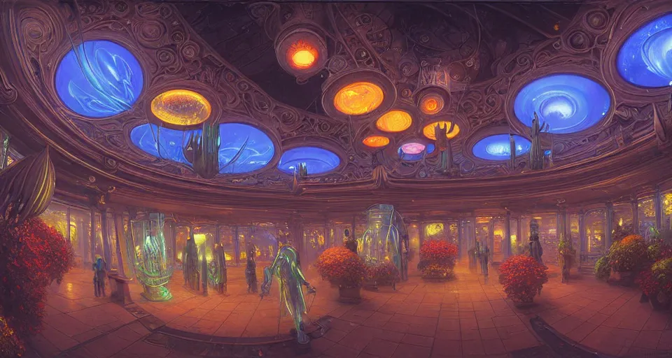 Image similar to fish eye lens a bright minimalist bioluminescent oil painting by donato giancola, warm coloured, cinematic scifi luxurious futuristic foggy steam filled victorian garden mall interior with microscopy radial windows flowers growing out of pretty bulbous ceramic fountains, gigantic pillars and flowers, maschinen krieger, beeple, star trek, star wars, ilm, atmospheric perspective