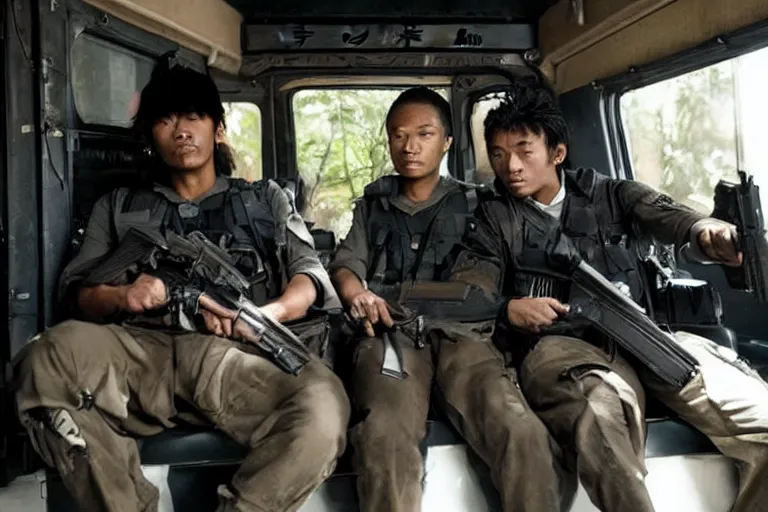 Image similar to movie diverse interracial team of Japanese robbers armed with rifles interior clean futuristic tactical van, beautiful skin, Symmetrical faces. natural lighting by Emmanuel Lubezki