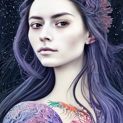 Prompt: facial portrait of a young pretty woman in flowing dress, arrogant, mysterious, long fine flowing hair, delicate, looking at camera, slightly awkward smile, realistic face, no hands visible, intricate, stylish, elegant, grimdark fantasy, vibrant, extremely detailed painting by Harumi Hironaka and Ernst Haeckel and Greg Rutkowski