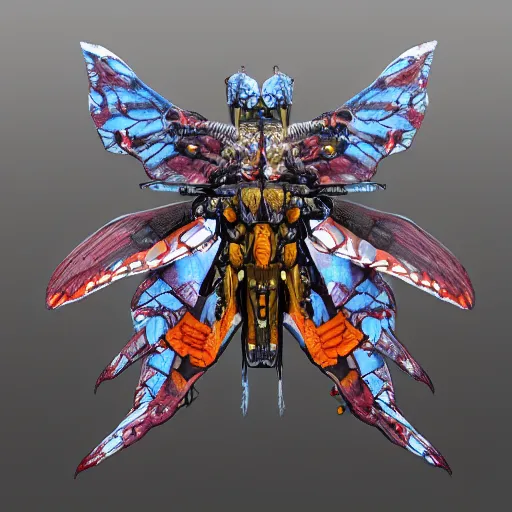 Prompt: a mechanized emperor moth with wings spread out, orthographic view, top down view, bottom view, side view, blueprints, gradius, mecha, jet fighter, space shuttle, robotic, highly detailed, artstation, super realistic, unreal engine