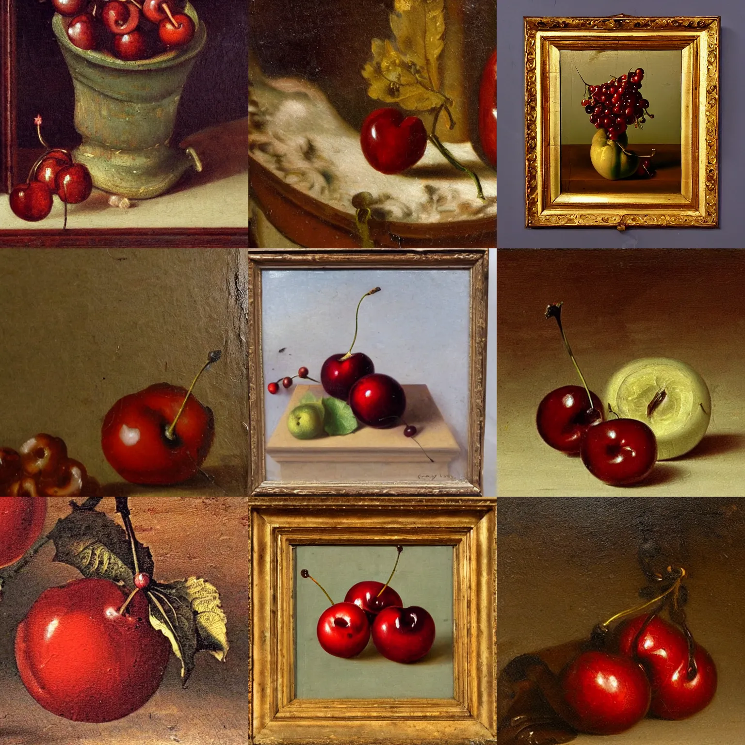 Prompt: insanely fine detail, still life xix century classical academical oil paintintg, a fragment with a close - up cherry. flemish baroque, dutch, netherlands.