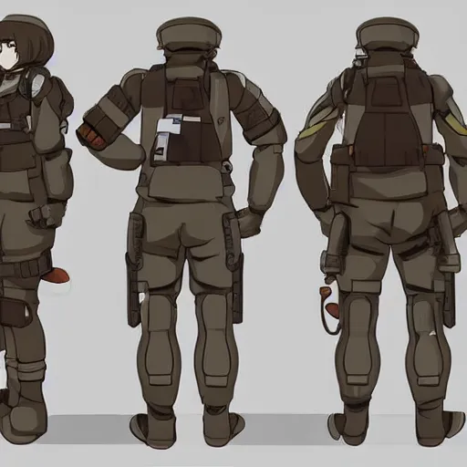 Image similar to Anime military bombsuit protagonist with light brown hair and brown eyes, Key Still, character design, full body shot
