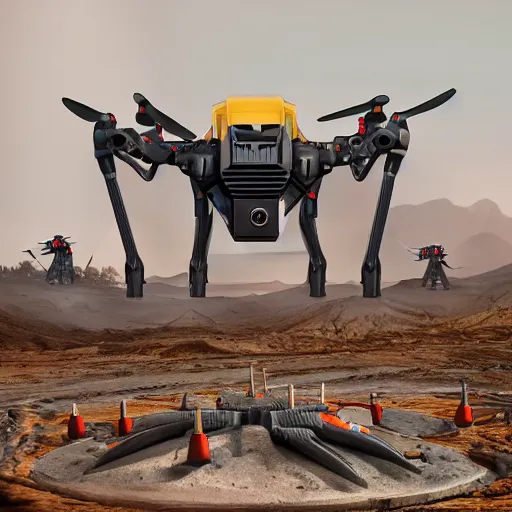 Image similar to giant scary quadrupedal mining drone with drill, four legs, highly detailed body, retro, industrial, dark, dystopian, apocalyptic, clean, in the style of simon stalenhag, 8 5 mm f / 1. 4