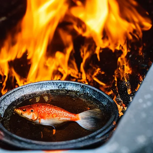 Image similar to holding a skillet with a fish inside above a small garbage fire, first person view, pov, 40mm photo