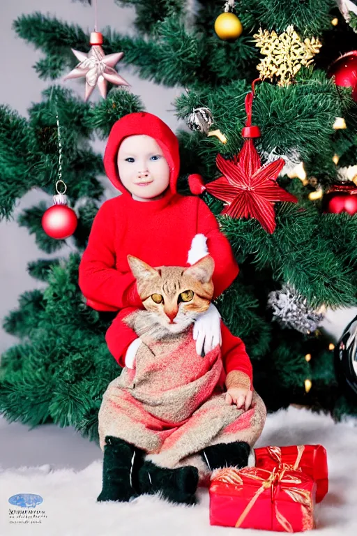 Image similar to retro photo cat in cute baby dress on the background of a retro christmas tree with 1 9 7 0 new year's toys, ussr, sovet ; kodak ektar, 2 0 0 iso, 3 5 mm lens, bill henson style beautiful chiaroscuro lighting, beautiful colour palette, beautiful and realistic, wide shot