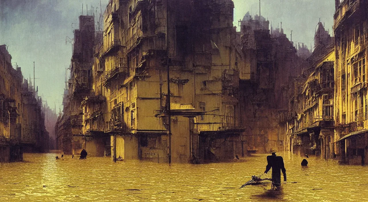 Prompt: very coherent and colorful high contrast!! painting of a flooded empty!! town street by bruce pennington carl spitzweg rene magritte, full - length view, hard black shadows, vivid colors, symmetry, great composition, high detail, cinematic lighting, masterpiece